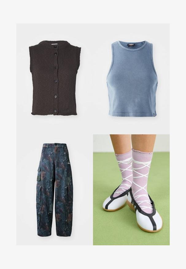 Bezrukávový hnedý pletený kardigán s okrúhlym výstrihom, so šiestimi čiernymi gombíkmi na prednej strane a textúrovaným vzorom. Rovný lem.; Svetlomodrý rebrovaný crop top s okrúhlym výstrihom a bezrukávovým dizajnom. Hladká textúra a malé logo na leme.; Maskáčové cargo nohavice v tmavozeleno-hnedej farbe, s viacerými vreckami a voľným strihom, vyrobené z ľahkej a odolnej tkaniny.; Biele ploché topánky s čiernymi ozdobami a podrážkou, doplnené svetlopurpurovými rebrovanými ponožkami s bielymi krížovými pásikmi. Umiestnené na zelenom pozadí.