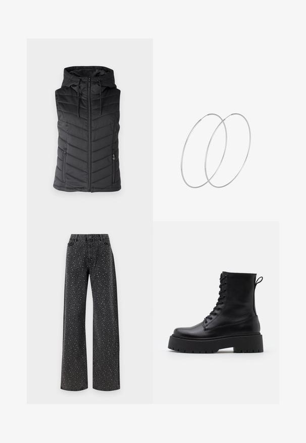 Melnā pufīgā veste ar kapuci, ar rāvējslēdzēju priekšā, Chevron šūnu raksts un divas sānu kabatas ar rāvējslēdzēju. Gluda tekstūra.; Melna džemperis ar garajām piedurknēm, kas rotāts ar svētku dizainu: Ziemassvētku vecīša sejas, dāvanas un ornaments, kas izšūti ar sarkaniem, zaļiem, zeltainiem un baltiem sekunām.; Noisy May NMJANNEL LOOSE - Brīva piegriezuma džinsi - black denim; Melni ādas potītēm zābaki ar apļveida purngalu, auklām priekšpusē un biezu gumijas zoli ar teksturētu protektoru. Velkšanas cilpa aizmugurē.; Sudraba gredzenveida auskari ar minimālistisku dizainu. Cirkulāra forma, gluda tekstūra un plāns profils. Vieglu svaru ar spīdīgu apdari.