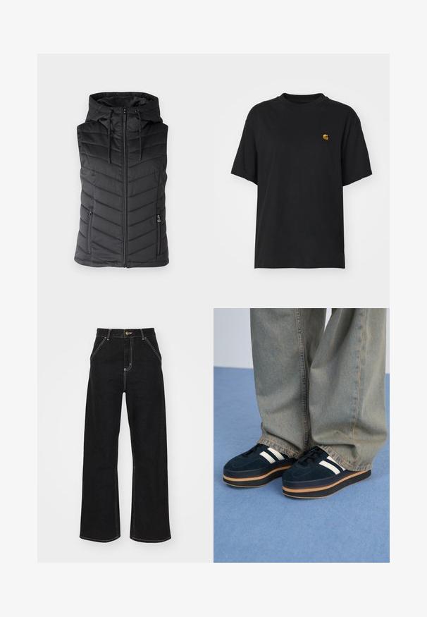 Black padded vest with a hood, featuring a zip front, chevron quilted pattern, and two side zip pockets. Smooth texture.; Black cotton t-shirt with a relaxed fit. Features a round neck and short sleeves. Includes a small gold embroidered logo on the chest.; Black wide-leg jeans made of denim, featuring contrasting white stitching and a front button closure, with two angled front pockets.; Dark blue suede platform sneakers with white stripes and black laces. Features a thick brown rubber sole. Worn with light blue denim pants.