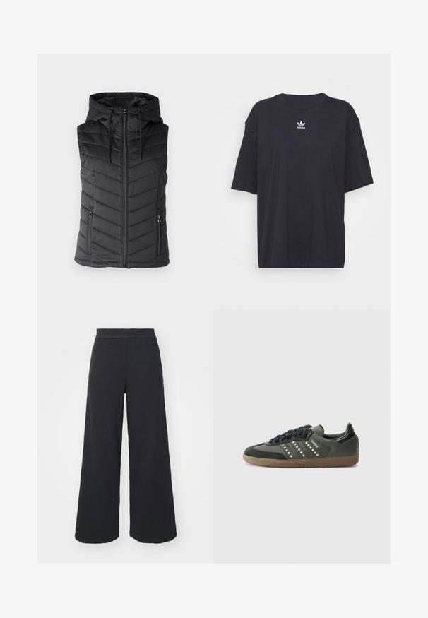Colete acolchoado preto com capuz, apresentando fecho de correr na parte frontal, padrão de quilt em chevron e dois bolsos laterais com fecho de correr. Textura suave.; T-shirt de algodão preto com mangas curtas, decote arredondado, apresenta um logótipo branco da Adidas no peito. Design simples, ajuste descontraído.; Calças de fato largas, pretas, feitas de tecido macio, com uma cintura elástica e um pequeno logótipo do lado esquerdo.; adidas Originals SAMBA OG - Sapatilhas - core black/legend earth/gum