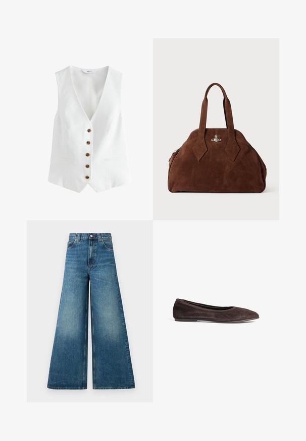 Witte mouwloze vest met een V-hals, voorzien van zes bruine knopen aan de voorkant en twee zijzakken. Gemaakt van een gladde, lichte stof.; Witte geribde tanktop met een ronde halslijn en smalle schouderbandjes. Label op de halslijn in lichtpaars. Maatlabel zichtbaar.; Hoge taille wijde jeans in vervaagd blauw denim, met een knopen sluiting, riemlussen en twee voorzakken.; Bruine suède balletschoenen met een spitsneus en een laag profiel. Kenmerkt zich door een gladde textuur en een minimalistisch ontwerp. Geen zichtbare hardware of accenten.; Bruine suède handtas met een gestructureerde vorm, ronde body en verlengde ruitvormige handvatten. Voorzien van een sluiting met zilveren hardware.