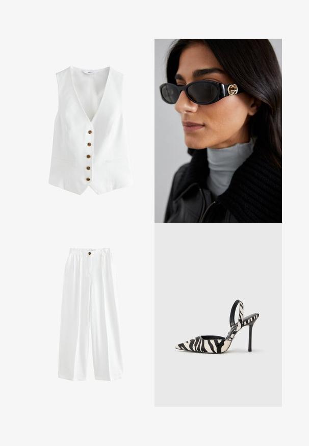 Gilet bianco senza maniche con scollo a V, caratterizzato da sei bottoni marroni sul davanti e due tasche laterali. Realizzato in un tessuto liscio e leggero.; Top nero senza maniche con spalline larghe a coste e una texture del tessuto liscia, caratterizzato da cuciture contour per un design aderente.; Pantaloni bianchi a gamba larga realizzati in tessuto leggero. Presentano una chiusura con bottone, due tasche laterali e una vestibilità comoda.; Tacco slingback con punta affusolata in stampa zebras nera e crema, con un tacco alto sottile e design aperto sul retro con interno nero.; Occhiali da sole neri con una montatura rettangolare elegante e un accento del logo dorato sul lato. Le lenti scure e la finitura lucida sono evidenti.