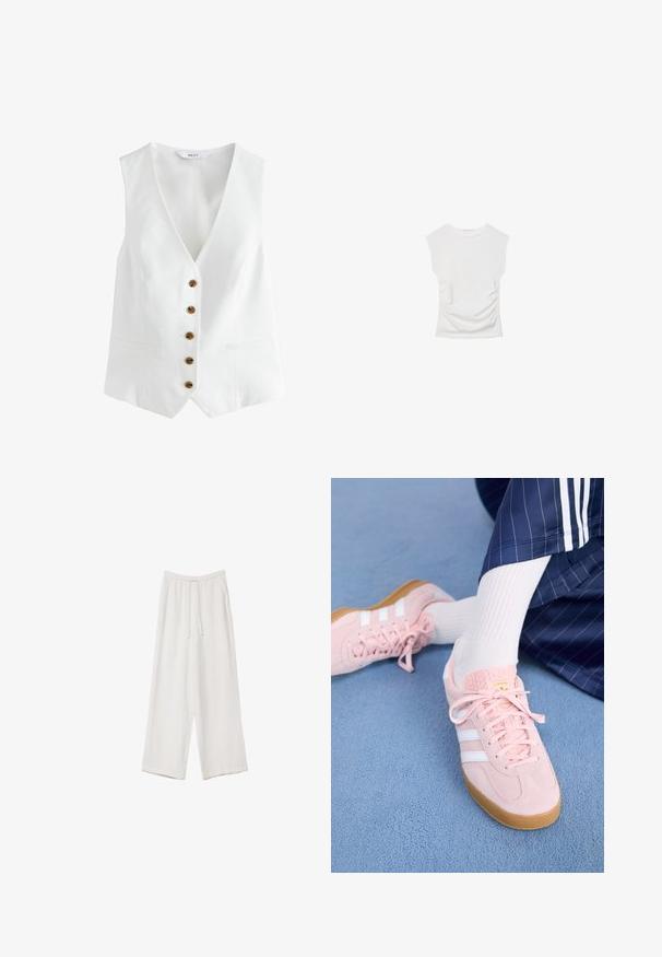 Débardeur blanc sans manches avec un col en V, comportant six boutons marron sur le devant et deux poches latérales. Fabriqué à partir d'un tissu lisse et léger.; Haut blanc à manches courtes avec un col rond. Doté d'une texture froncée sur les côtés et d'une silhouette ajustée, fabriqué à partir d'un matériau doux et extensible.; Pantalons larges blancs en tissu léger. Dotés d'une taille élastique avec cordon de serrage et de poches latérales. Texture lisse.; Des sneakers en daim rose clair avec des rayures et des lacets blancs, dotés d'une languette texturée et d'une semelle en gomme, posées sur un tapis bleu.