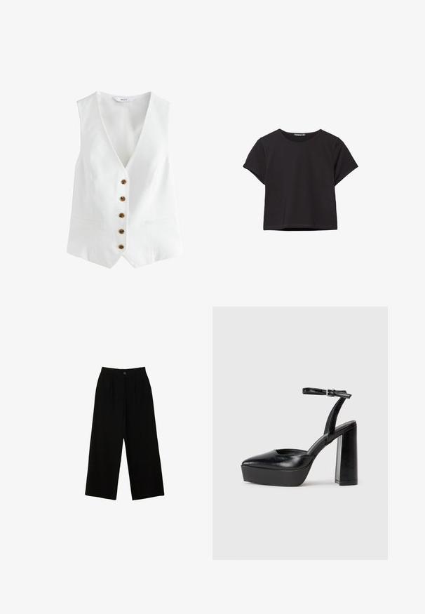 Bela brezrokavna jopica z V-izrezom, opremljena s šestimi rjavimi gumbi spredaj in dvema stranskima žepoma. Narejena iz gladkega, lahkega materiala.; Črn kratki top s kratkimi rokavi, narejen iz mehkega materiala, z okroglo izrezom in sproščenim krojem ter čistim robom.; Črne široke hlače iz gladkega materiala, z visokim pasom, sprednjim naborom in enim zgornjim gumbom za zapiranje.; Črne platforme z visokimi petami in koničastim nosom ter nastavljivim gležnjenjskim trakom. Narejene iz gladke usnje, s kockasto peto.