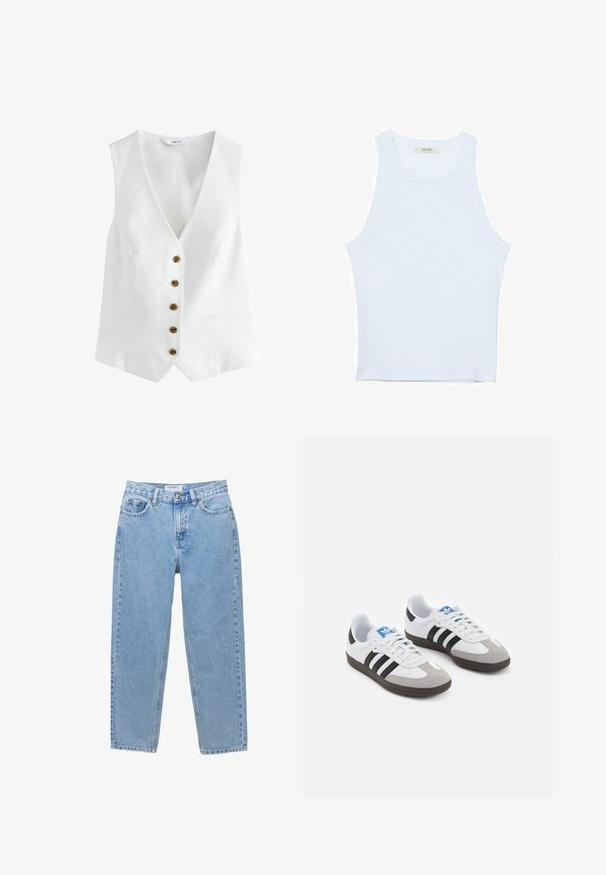 Vit ärmlös väst med V-aktig halsringning, prydd med sex bruna knappar framtill och två sidofickor. Tillverkad av ett mjukt, lätt tyg.; Vit linne med ribbat mönster, rund halsringning, ärmlös design, figurnära passform, diskret logotyp på etiketten inuti halsringningen.; Ljusblå denimjeans med rak bendesign, fem fickor och knäppning. Har subtila blekningar och en klassisk stil.; Sportskor med överdel i vit läder, grå mocka på tårna och tre svarta ränder. Har en blå logotyp på tungan och en texturerad gummisula.