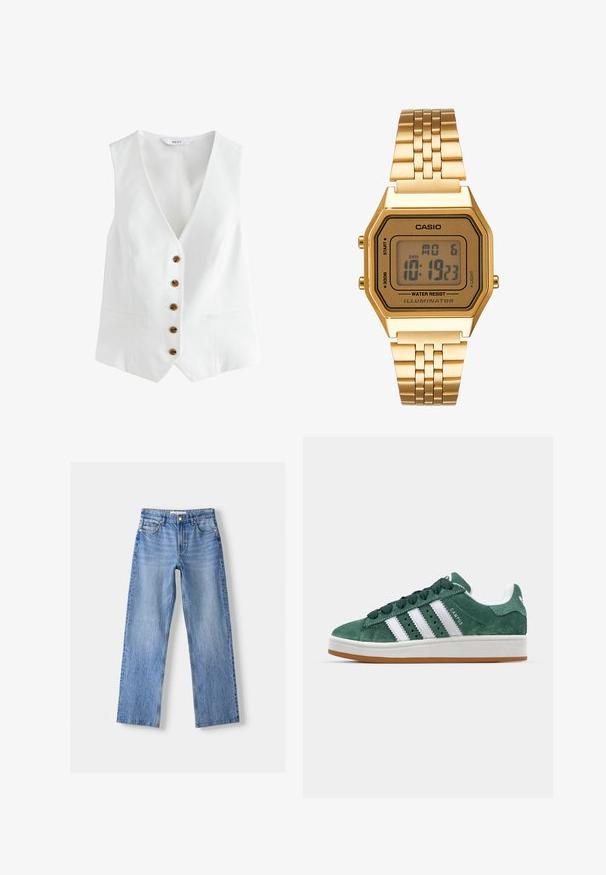 Hvid ærmeløs vest med V-hals, der har seks brune knapper fortil og to sidelommer. Lavet af et glat, let stof.; Sort ribbet tanktop med høj halsudskæring og ærmeløs design. Har en tætsiddende silhuet og blød tekstur.; Lysblå denim jeans med lige ben design, der har fem lommer, en frontknaplukning og subtil falmning for tekstur.; Grønne ruskinds sneakers med hvide læderstriber, gummisål, polstret krave og minimalistisk design. Har branding på siden.; Guld digitalt ur med rektangulært urglas, LCD-display, rustfrit stålarmbånd og knapper på siden. Har et vandtæt mærke.