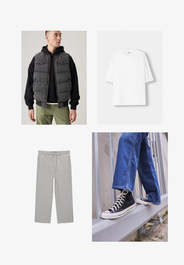 Podložen brezrokavnik iz sive denima z zadrgo na sprednji strani, črnim rebrastim robom in dvema prsoma žepoma, plastev preko črne kapucarice in olivno zelenih hlač.; Bela kratka majica s kratkimi rokavi iz bombaža, s krožnim izrezom in sproščenim krojem. Gladka tekstura, brez vidnih vzorcev ali poudarkov.; Sive bombažne hlače za prosti čas z elastičnim pasom, vrvico in dvema stranskima žepoma; ravna zasnova nogavic, mehak material, brez vzorcev.; Črne visoke teniske z belim podplatom in vezalkami, v kombinaciji z ohlapnimi modrimi džinsom, naslonjene na sivo ograjo.