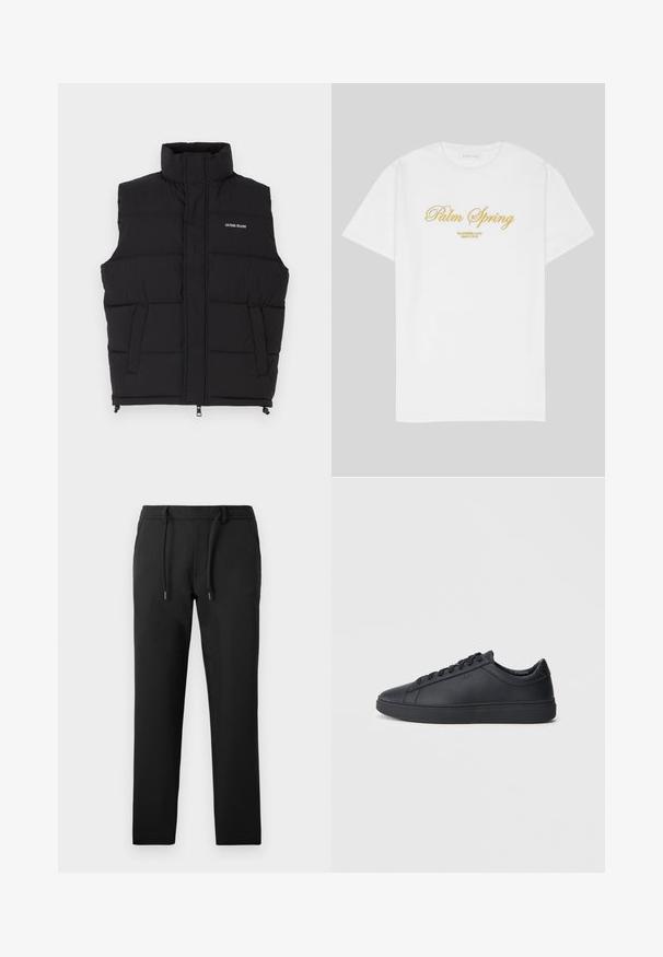 Juodas pūkuotas liemenės su aukštu apykakle, turintis dvi šonines kišenes ir priekinį užtrauktuką. Ant liemenės pavaizduotas baltas "GUESS JEANS" logotipas.; Balta medvilnės marškinėliai su auksiniu užrašu "Palm Spring" ir "California Love Eighty Five" žemiau, laisvas kirpimas, apvalus kaklas.; Juodos kelnės siauru kirpimu, pagamintos iš minkštos medžiagos, su raišteliu ant juosmens, šoninėmis kišenėmis ir lygiu paviršiumi.; Juodi sportbačiai, pagaminti iš lygaus odos, su žemu dizainu, apvalia nosimi ir plokščiu guminiu padu. Yra raišteliai ir subtilus ženklinimas.