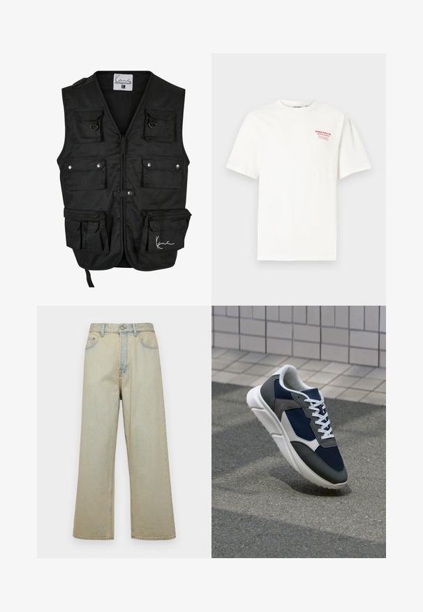 Crni radni prsluk s više prednjih džepova, patentnim zatvaračima i kopčama na dugmad. Izrađen od izdržljive tkanine s glatkom teksturom i podesivim trakama.; Bijela pamučna majica s okruglim izrezom i kratkim rukavima, s crvenim tekstom na lijevoj strani prsnog dijela koji glasi "NORTH POLE CO. SANTA'S GROTTO."; Svijetloplave traperice širokog kroja s izblijedjelim završetkom. Imaju pet džepova i zatvaranje na gumbe sprijeda.; Tenisice s gornjim dijelom od mrežastog materijala tamnoplave boje, siva antilopova naglašavanja, bijela gumena potplat i ravne bijele vezice, dizajnirane za udobnost i prozračnost.