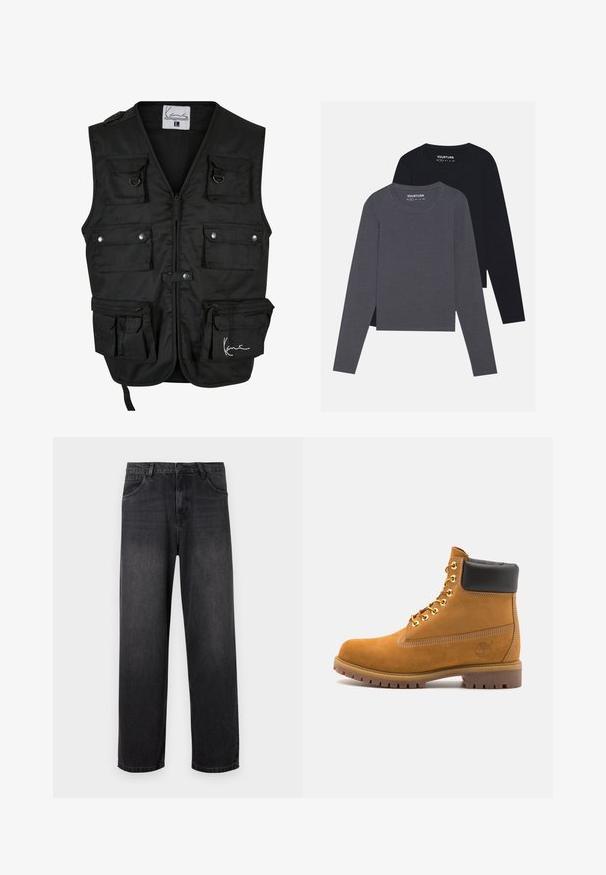 Svart arbetsväst med flera framfickor, dragkedjor och tryckknappar. Tillverkad av slitstarkt tyg med en slät yta och justerbara remmar.; YOURTURN 2 PACK UNISEX - Långärmad tröja - dark grey/black; Mörkgrå denimjeans med rak bendesign, som har dragkedja, fem fickor och subtila blekningsdetaljer på tyget.; Tan mockasins ankelstövlar med svart vadderad krage, guldmetallöglor, vit sömdekor och slitstöt gummisula med utmärkta mönster.