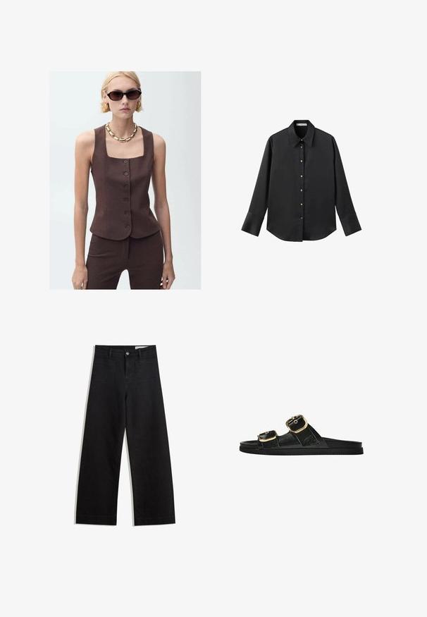 Braun maßgeschneidertes ärmelloses Oberteil mit quadratischem Ausschnitt, vorderer Knopfverschluss und glattem Stoff, kombiniert mit einer goldenen Kettenhalskette.; Schwarz langärmliges Hemd aus glattem Stoff, mit klassischem Kragen, frontaler Knopfleiste mit goldfarbenen Knöpfen und breiten Manschetten.; Schwarze weit geschnittene Jeans mit hoher Taille, ausgestattet mit Vorder- und Hintertaschen, gesteppten Nähten und einem Knopfverschluss. Glatte Textur.; Schwarze Riemensandale mit zwei goldenen Schnallendetails, glattem Material, flachem Sohlen und minimalistischer Gestaltung.
