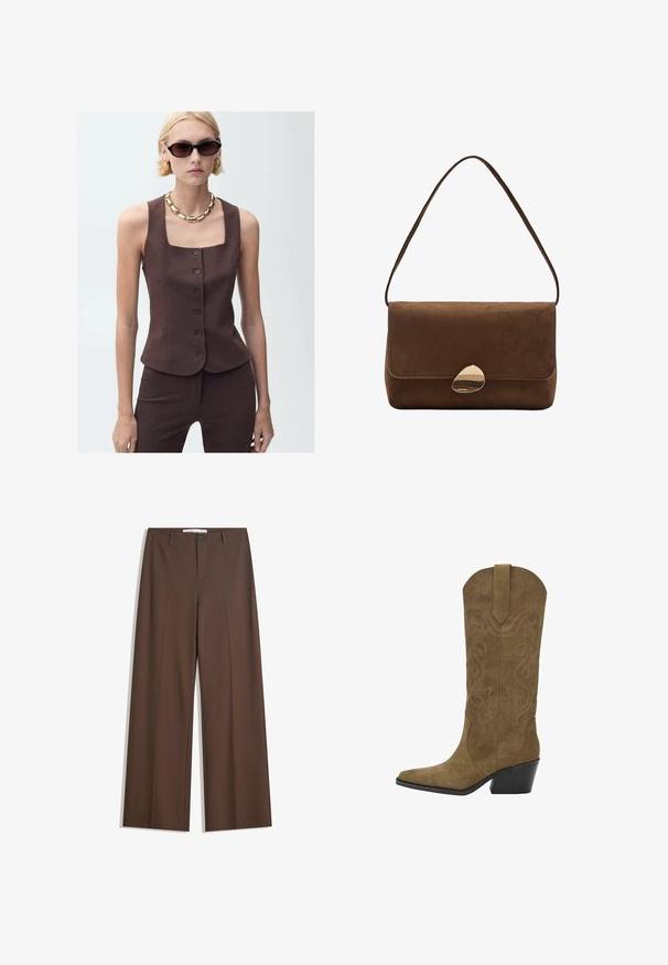 Top senza maniche marrone su misura con scollatura quadrata, chiusura frontale con bottoni e tessuto liscio, abbinato a una collana in oro.; Sciarpa bianca in pizzo con design asimmetrico, caratterizzata da un motivo testurizzato, tessuto morbido e una caduta fluida lungo un lato.; Pantaloni ampi beige con una texture liscia, pieghe frontali, chiusura con bottone e due tasche laterali. Progettati per comfort e versatilità.; Stivale cowboy in suede marrone fino al polpaccio con motivi a spirale cuciti, punta affilata, occhiello per l'allaccio e tacco impilato nero angolato.; Borsa a spalla in suede marrone con chiusura curva in oro e tracolla singola, forma rettangolare con chiusura a pattina.