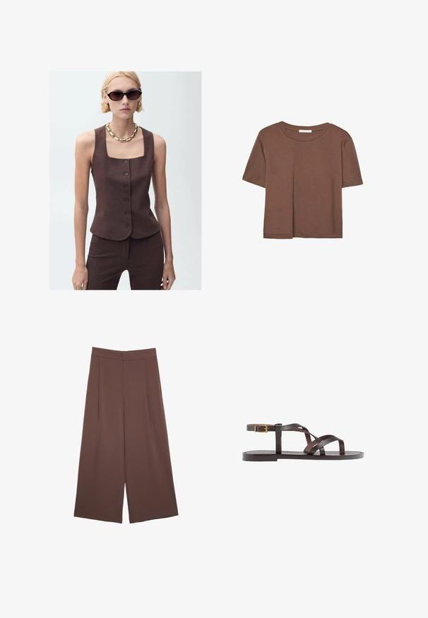 Brun skræddersyet ærmeløs top med firkantet udskæring, frontlukning med knapper og glat stof, parret med en guld kæde halskæde.; Brun kortærmet t-shirt lavet af blødt stof, med rund halsudskæring og afslappet pasform. Ingen synlige mønstre eller detaljer.; Brune bredbunde bukser med en glat tekstur, der har høj talje og plisseringer foran. Stoffet er let og falder løst.; Brune lædersandal med krydsende stropper, ankelspænde og en flad sål med minimale syninger.