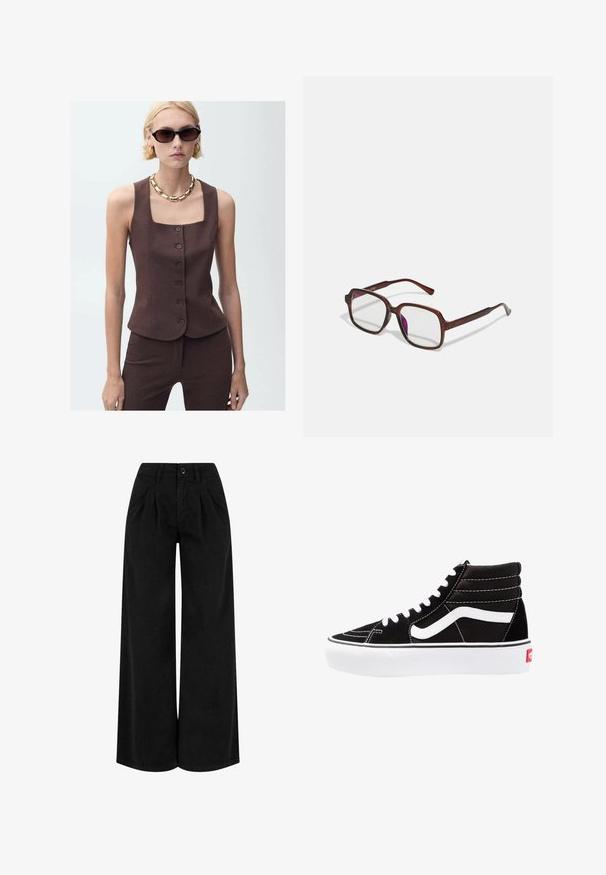 Ruskea muotoiltu hihaton toppi, jossa on neliskulmainen pääntie, etupuolella nappisuljenta ja sileä kangas, yhdistettynä kultaketjukaulakoru.; Mustat lyhyet hihattomat t-paidat, valmistettu puuvillasta. Siinä on lyhyt hihat ja pyöreä pääntie. Sileä rakenne yksinkertaisella muotoilulla, ilman ylimääräisiä kuvioita.; Mustat leveälahkeiset housut, jotka on valmistettu kevyestä kankaasta. Niissä on laskokset edessä, nappisulku ja siisti viimeistely lahkeiden helmassa.; Mustat korkeat tennarit valkoisilla nauhoilla, valkoisella logolla ja kontrastoivalla valkoisella ompelulla. Ominaisuuksiin kuuluu paksu valkoinen pohja ja teksturoitu mokkanahkainen päällinen.; Ruske, rektangulære briller med transparente linser og lilla toner. Glatt plastisk ramme med rette stenger og subtile detaljer.