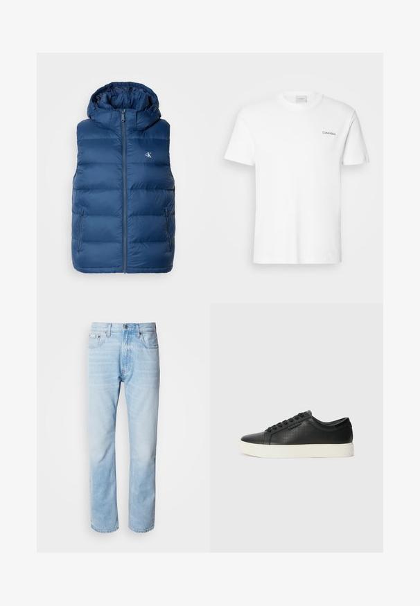 Tamnoplavi kaput bez rukava s kapuljačom, s patentnim zatvaračem sprijeda, dva bočna džepa i logotipom na prsima. Glatka tekstura i prešani dizajn.; Bijela pamučna majica kratkih rukava s okruglim izrezom. Ima mali crni logo "Calvin Klein" na lijevoj strani prsnog koša.; Svijetloplave traperice ravnog kroja, s izblijedjelim dijelovima, dizajnom s pet džepova i klasičnim dugmadi.; Crne kožne tenisice s perforiranim uzorkom, okruglim vrhom i ravnim bijelim gumenim potplatom. Imaju crne vezice i diskretni logotip sa strane.