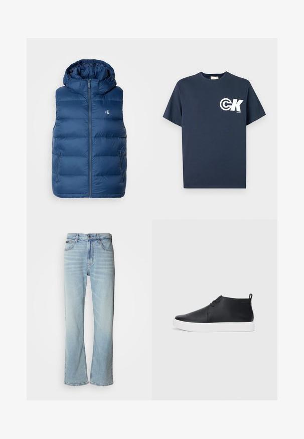 Tamsiai mėlynas gobtuvu pufas liemenė su užtrauktuku priekyje, dviem šoninėmis kišenėmis ir logotipu ant krūtinės. Lygus paviršius ir užsegimo dizainas.; Tamsiai mėlynas trumpomis rankovėmis marškinėlis su apvalia iškirpte, kairėje krūtinės pusėje balta CK logotipu ir užrašu „Calvin Klein“.; Šviesiai mėlyni džinsai su tiesiu šonu, turintys penkis kišenes, mygtukų uždarymą ir subtilų išblukimą audinyje.; Juodi odiniai aukšti sportbačiai su lygia apdaila, balta guma padu ir paprastu raištelių dizainu. Gale yra įtempimo juostelė.