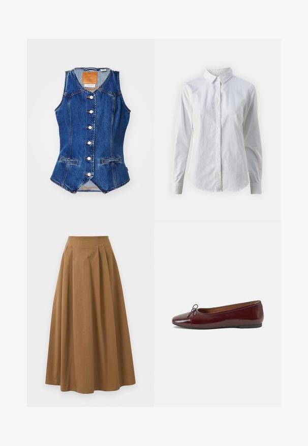 Levi's® LONGLINE - Weste - enchantment; Weißes Hemd mit Knöpfen, aus glattem Baumwollstoff, mit klassischem Kragen, langen Ärmeln und abgerundetem Saum. Die Knöpfe sind klein und weiß.; Brauner Baumwoll-A-Linien-Rock mit hoher Taille, der vorne Falten aufweist und eine glatte Textur hat. Der Saum ist sauber und einfach verarbeitet.; Burgunderfarbenes, lackiertes Ballettschuh mit abgerundetem Zehenbereich, kleiner Schleifenakzent vorne und einer niedrigen, schwarzen Gummisohle. Glatte Textur.