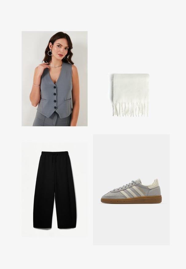 LELA SLIM FIT - Weste - grey; Schwarzes T-Shirt mit kurzen Ärmeln aus weicher Baumwolle, mit Rundhalsausschnitt und regulärer Passform, ohne sichtbare Muster oder Akzente.; Schwarze weit geschnittene Hosen mit elastischem Bund und Kordelzug. Weicher Stoff mit glatter Textur. Gerader Schnitt mit Seitennähten.; Graue Wildledersneaker mit hellgrauen Lederstreifen und einer Sohle aus Gummi. Zu den Merkmalen gehören eine Schnürung und dezente Markenkennzeichnung auf der Zunge.; Weiße Fleece-Schal mit fransigen Kanten, weicher Textur und rechteckiger Form. Eignet sich zum Schichten und bietet Wärme.