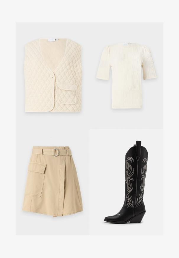 Viskozas bezsvars, balts, ar V-veida kakla izgriezumu, vienu pogu un kabatu priekšpusē. Mīksts audums ar dimanta rakstu.; Īsām piedurknēm izgatavota krēmkrāsas blūze ar teksturētu viļņu rakstu. Apaļš dekoltē un smalki savilkti detaļas uz piedurknēm. Viegls audums.; Beigā kokvilnas svārki ar sānu kabatu, jostas daļa ar sudraba gredzenu un vieglu A formas siluetu. Gluda tekstūra un vienkāršs dizains.; Melnas ādas kovboju zābakus ar norādītām pirkstiem, sānām paceltu papēdi un sudraba izšūtām ziedu rakstiem gar zābaka kāju. Kontrasta dūrieni visā zābakā.