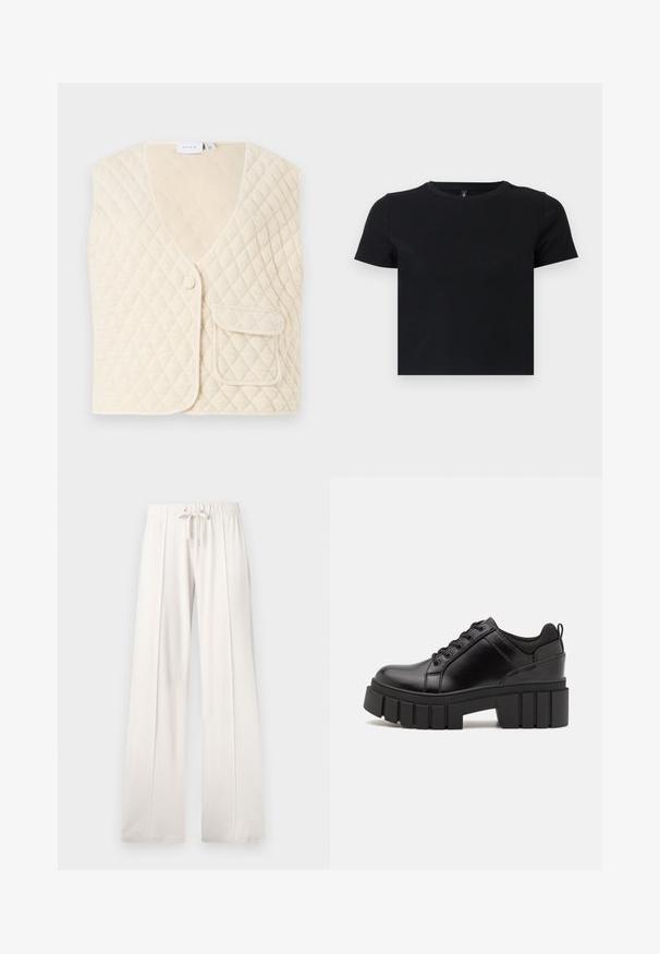 Quiltana brezrokavnik v off-white barvi z V-izrezom, enim gumbom in žepom na sprednji strani. Mehka tkanina z diamanti vzorcem.; Črna majica s kratkimi rokavi, izdelana iz mehke bombažne tkanine. Ima okroglo ovratnico in oprijet kroj. Gladka tekstura brez vzorcev ali dodatkov.; Svetlo bež trenirke, izdelane iz mehkega blaga, s punch rezom v pasu, širokimi nogami in vertikalnimi šivi ter gladko teksturo.; Črne usnjene platforme z debelim blokastim petam, okroglo konico in klasičnim vezanjem. Imajo gladko teksturo in minimalne podrobnosti.