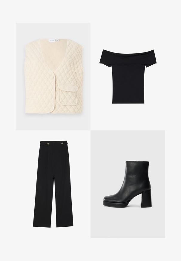 Επενδυμένο γιλέκο σε εκρού με V-λαιμόκοψη, κλείσιμο με ένα κουμπί και τσέπη μπροστά. Μαλακό ύφασμα με διαμαντένιο σχέδιο.; Μαύρο τοπ με ανοιχτούς ώμους, κατασκευασμένο από μαλακό ελαστικό ύφασμα. Διαθέτει κοντά μανίκια και κοντή σιλουέτα. Απλός, χωρίς ραφές σχεδιασμός.; Μαύρο παντελόνι φόρμας σε φαρδιά γραμμή με ψηλή μέση, κουμπιά στη μέση και πλαϊνές τσέπες.; Μαύρη δερμάτινη μποτάκι στον αστράγαλο με τετράγωνο τακούνι και πλατφόρμα, απεικονισμένο από το πλάι σε λευκό φόντο.