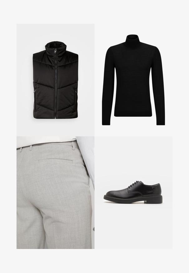 Gilet isolato nero con colletto alto, zip frontale e tasche laterali con zip. Design imbottito con dettagli di cucitura diagonale.; Maglione a collo alto nero realizzato in materiale morbido, con maniche lunghe e vestibilità aderente. Bordo a coste all'orlo e ai polsini. Design semplice.; Pantaloni sartoriali grigio chiaro realizzati in tessuto strutturato, con una tasca posteriore singola e cuciture pulite.; Scarpa nera in pelle con lacci, punta tonda, texture liscia, cuciture minime e tacco in gomma basso. Logo sul tacco.