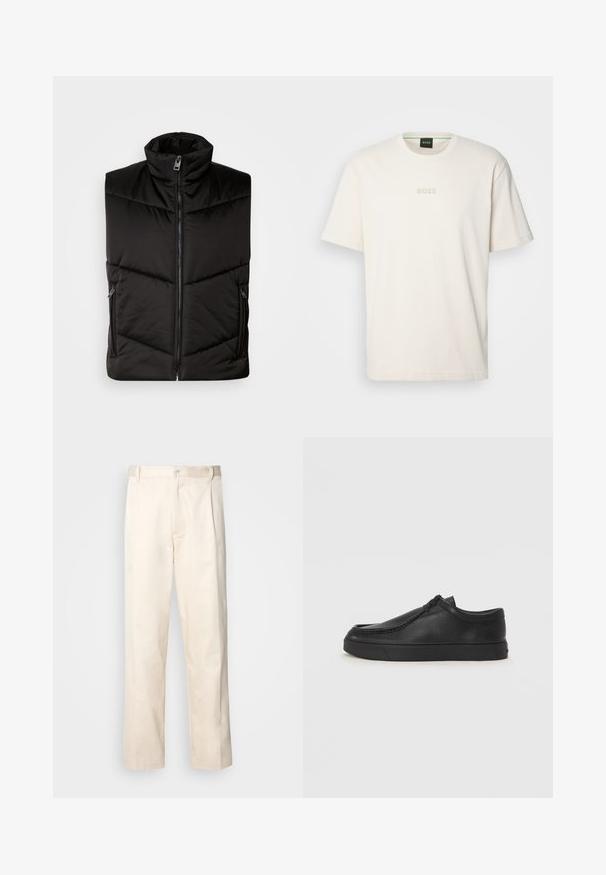 Czarna izolowana kamizelka z wysokim kołnierzem, zamkiem z przodu i bocznymi kieszeniami na zamek. Wypełniona, z diagonalnymi przeszyciami.; BOSS - T-shirt basic; Beżowe bawełniane spodnie o prostym kroju nogawki, z zapięciem na guziki i plisami z przodu dla dodatkowego zdobienia.; Czarne skórzane buty wsuwane z okrągłym noskiem, przeszyciami i czarną gumową podeszwą. Gładka faktura z minimalistycznym wzornictwem.