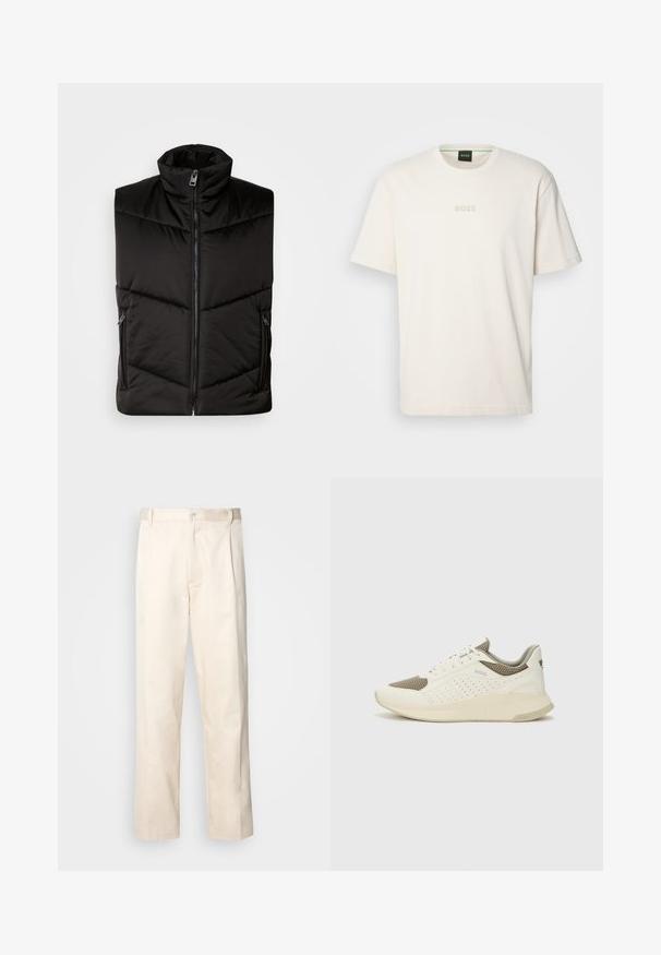 Juodas izoliuotas liemenė su aukštu apykakle, priekiniais užtrauktukais ir šoninėmis užtrauktukais kišenėmis. Minkšta konstrukcija su įstrižais siuvinėjimo elementais.; BOSS TEE - Paprasti marškinėliai - open white; Bežinės medvilninės kelnės su tiesiu kirpimu, turinčios mygtuko uždarymą ir priekyje raukšles papildomai dekoratyviam akcentui.; Baltas ir šviesiai bežinis sportinis kedas, su tinklo viršumi, perforuotais detalėmis ir tekstūruotu tarpine su logotipu ant kulno.