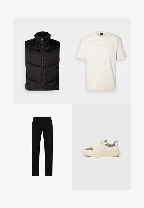 Crni izolirani prsluk s visokim ovratnikom, prednjim patentnim zatvaračem i bočnim džepovima na patent. Jastučić s dijagonalnim šavovima.; BOSS TEE - Osnovna majica kratkih rukava - open white; Crne pamučne hlače ravnog kroja, s kopčanjem na dugme, petljama za remen i minimalističkim dizajnom. Glatka tekstura, bez uzoraka.; Bijele i svijetlosmeđe sportske tenisice, sa mrežastim gornjim dijelom, perforiranim detaljima i teksturiranim međutrakom sa brendom na peti.