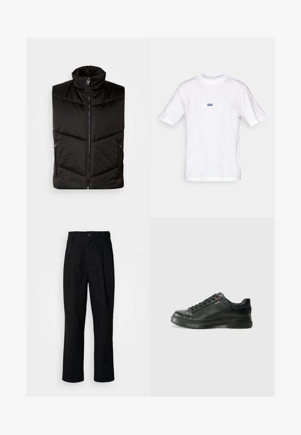 Čierna izolačná vesta s vysokým golierom, predným zipsom a bočnými zipsovými vreckami. Vystužený dizajn s diagonálnym prešívaním.; Biela bavlnená tričko s krótkymi rukávmi, okrúhlym výstrihom a malou modrou nášivkou "HUGO" na hornej časti hrudníka. Hladká textúra, klasický strih.; Čierne nohavice s rovnými nohavicami, s gombíkovým pásom, pútkami na opasok a predným záhybom, vystavené na jednoduchej bielej pozadí.; Čierna kožená teniska s textúrovaným vrchom, polstrovaným golierom a červeným logom. Obsahuje hrubú gumovú podrážku s výrazným vzorom.