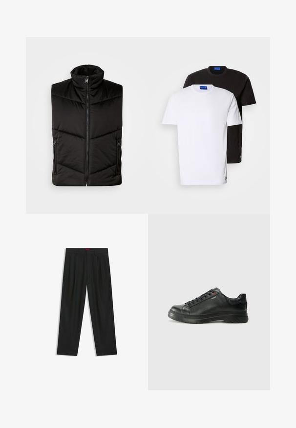 Schwarze isolierte Weste mit hohem Kragen, Frontreißverschluss und seitlichen Reißverschlusstaschen. Gepolstertes Design mit diagonalen Steppnähten.; Zwei übereinander gestapelte T-Shirts: eines weiß und eines schwarz. Kurze Ärmel, runde Ausschnitte, aus Baumwollstoff. Mit einem kleinen blauen Logo am Ausschnitt.; Schwarze Hose mit einem gefältelten Design, weiter Beinform und glatter Textur. Verfügt über ein rotes Taillenlabel.; Schwarze Leder-Sneaker mit strukturiertem Obermaterial, gepolstertem Kragen und rotem Logo-Detail. Verfügt über eine dicke Gummisohle mit markantem Profil.