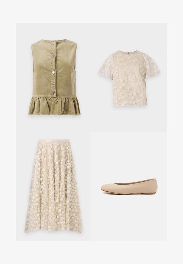 Khaki kordurojowy bezrękawnik z okrągłym dekoltem, przednimi zatrzaskami i falbaniastym dołem. Teksturowana tkanina ma pionowe paski.; Beżowa bluzka z kwiecistym haftem, przezroczystymi bufiastymi rękawami, okrągłym dekoltem i zamkiem błyskawicznym z tyłu. Teksturowany kwiatowy wzór na przednim panelu.; Kwiatowe hafty na przejrzystej, kremowej spódnicy z satynowym pasem. Wzór zawiera małe, delikatne kwiaty i liście.; Beżowe skórzane baleriny z zaokrąglonym noskiem, minimalnymi szwami, niskim obcasem oraz subtelnym logo z tyłu. Gładka, matowa tekstura.