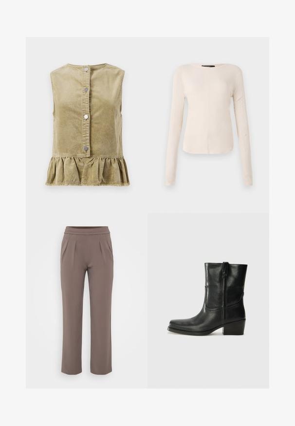 Khaki krāsu korduroja bez piedurknēm tops ar apaļu dekoltē, priekšējiem pogas diezgan un viļņotu apakšmalu. Rakstainais audums ir ar vertikālām svītrām.; Ilgi piedurkņu, gaiši bēšas krāsas blūze ar apaļu dekoltē. Izgatavota no mīksta auduma, ar centrālo šuvi un nedaudz izliekta apakšmala. Nav redzamu papildus elementu.; Taurī šūšanas brīvās formas bikses ar elastīgu jostasvietu un priekšējiem krokām, izgatavotas no gludas auduma.; Melna ādas potīte ar noapaļotu purngalu, bloku papēdi, sānu rāvējslēdzēju un šuvju akcentiem uz virsmas. Gluda tekstūra, klasiskā dizaina.