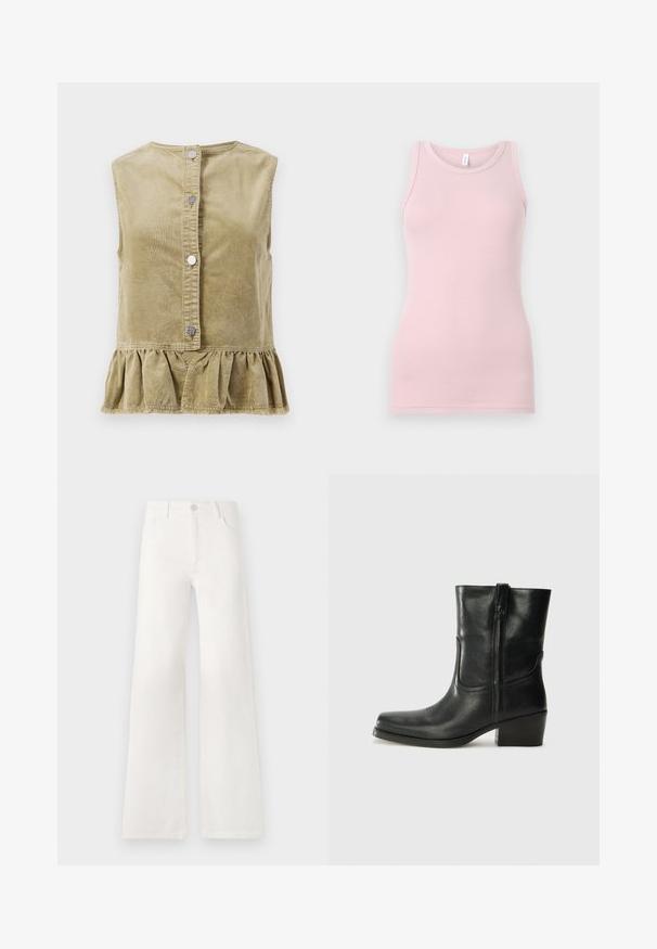 Kaki kord koji nije na rukavima s okruglim izrezom, prednjim gumbima na dugme i volanima na donjem rubu. Tekstura tkanine ima vertikalne pruge.; Svijetloružičasti majica bez rukava napravljena od mekog, rastezljivog materijala. Ima okrugli izrez i uske naramenice, s glatkom teksturom i prilagođenim oblikom.; Bijele, visokotalasne široke traperice. Imaju kopčanje na dugme, dva prednja džepa i bočne šavove s detaljima šivanja.; Crne kožne čizme do članaka s okruglim vrhom, blok potpeticom, bočnim patentnim zatvaračem i detaljima od šavova na gornjem dijelu. Glatka tekstura, klasičan dizajn.