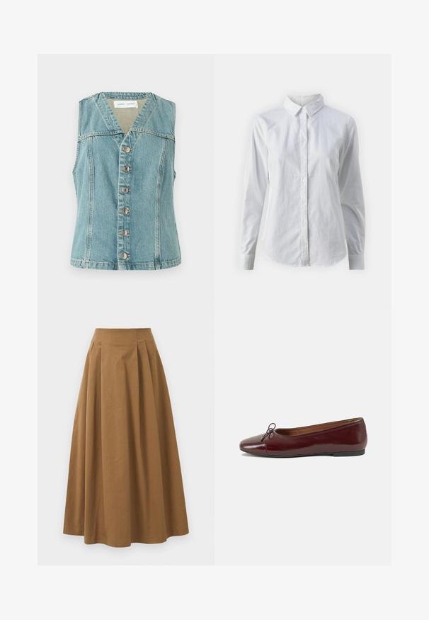 Plytai mėlynas džinsinis liemenė, turinti V formos dekoltė, be rankovių, priekinį mygtukų uždarymą su sidabriniais akcentais ir prigludusį siluetą.; Balta marškinėliai su mygtukais, pagaminti iš lygios medvilnės, su klasikiniais apykaklės, ilgomis rankovėmis ir lenktu kraštu. Mygtukai maži ir balti.; Ruda medvilninė A formos sijonas su aukštu liemeniu, puikuojantis klostėmis priekyje ir lygia tekstūra. Apdailos kraštai yra švarūs ir paprasti.; Bordo lakiotos odos baleto bateliai su apvalia nosimi, maža kaspinėlio akcentu priekyje ir žema juoda guma padanga. Lygi tekstūra.