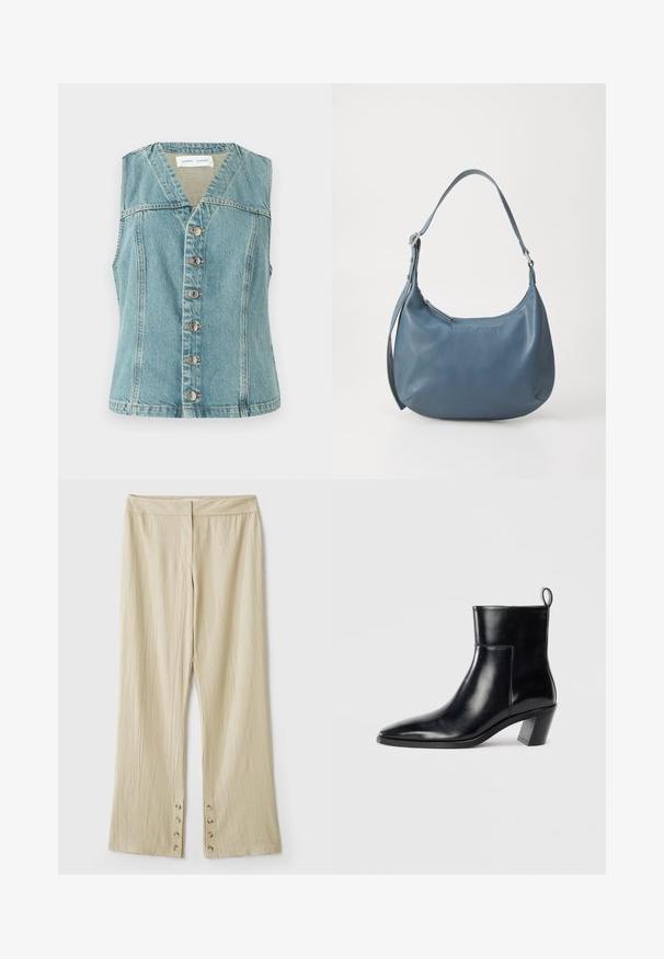 Lyseblå denimvest med V-hals, uten ermer, frontknapping med sølvdetaljer og en sydd silhuett.; Svart ermeløs topp med rundt halsutskjæring og nøkkelhullsrygg. Har vertikale folder for tekstur. Glatt stoff med svak glans.; Beige vide bukser i tekstureret stof. Har en flad talje og fem knapper i kanten til lukning. Pyntet med folder.; Sorte skinn ankle boots med spiss tå, geometrisk stablet hæl og en drasnor bak. Glatt tekstur og elegant design.; Blå lærveske med rund form, enkel skulderreim, glidelås-lukking og preget merkenavn på forsiden. Glatt tekstur.