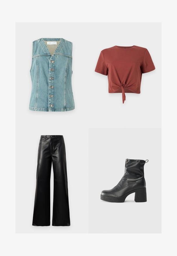 Light blue denim vest featuring a V-neck, sleeveless design, front button closure with silver accents, and a fitted silhouette.; Rust-colored cropped t-shirt in soft cotton with short sleeves and a knotted front detail. Smooth texture, round neckline.; Black high-waist wide-leg faux leather pants with front button, zip closure, belt loops, and side pockets on white background.; Black ankle boots made of smooth leather, featuring a side zipper, chunky textured heel, and rounded toe design.