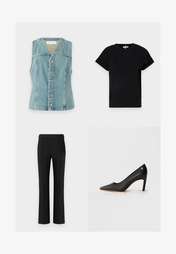 Light blue denim vest featuring a V-neck, sleeveless design, front button closure with silver accents, and a fitted silhouette.; Black cotton t-shirt with rolled short sleeves, featuring an embossed logo in the center and a small flag accent on the side.; Black tailored trousers with a smooth texture, featuring a straight-leg cut, centered front pleats, and a minimalist waistband design.; Black leather pointed-toe high heel shoe with mid-height stiletto heel and small gold emblem near heel on white background.