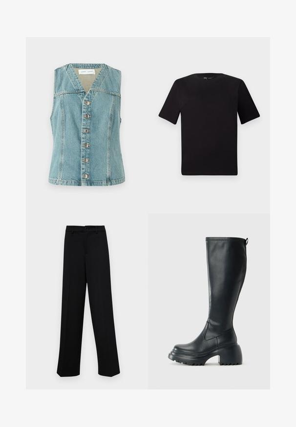 Light blue denim vest featuring a V-neck, sleeveless design, front button closure with silver accents, and a fitted silhouette.; Black short-sleeve t-shirt with a round neckline, crafted from soft cotton fabric. Simple design, no visible logos or patterns.; Black wide-leg trousers made of smooth fabric, featuring a classic waistband with a button closure and front pleats.; Tall black leather boot with chunky platform sole and block heel, featuring pull tab and textured tread on outsole.