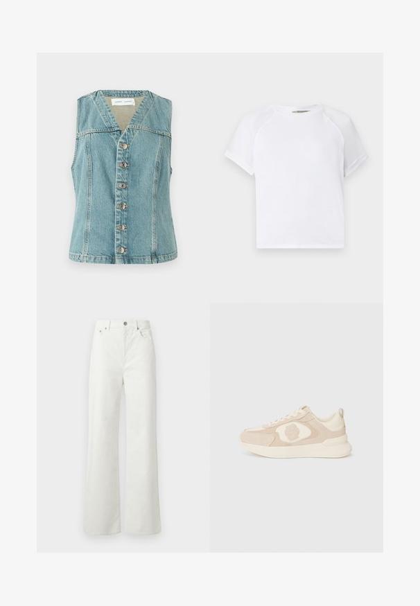 Light blue denim vest featuring a V-neck, sleeveless design, front button closure with silver accents, and a fitted silhouette.; White cotton t-shirt with a crew neckline, short raglan sleeves, and a relaxed fit. Smooth texture with no visible patterns or accents.; Samsøe Samsøe SHELLY - Relaxed fit jeans - clear cream; Beige sneaker featuring a smooth leather and suede mix, rounded toe, lace-up front, and a textured side logo detail. Flat rubber sole.