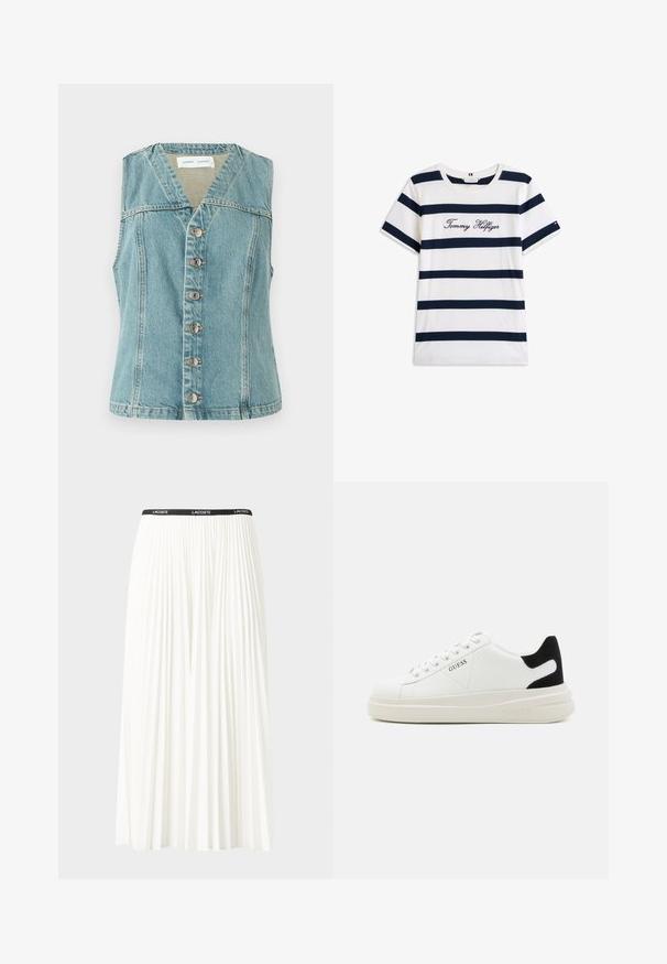 Svijetloplava traper prsluk s V-izrezom, bez rukava, prednjim kopčanjem na dugmad s srebrnim detaljima i prilagođenim siluetom.; Pamučna majica s horizontalnim tamnoplave pruge na bijeloj pozadini. "Tommy Hilfiger" izvezeno kurzivom na prsima. Okrugli izrez.; Nabrana bijela suknja s crnim elastičnim pojasom na kojem se nalazi logo "LACOSTE". Srednje dugačak dizajn s mekim teksturom.; Bijele kožne tenisice s debelim bijelim potplatom, crnim zamšastim akcentom na peti i ugraviranim logom sa strane. Dizajn s vezicama i šest rupa za vezivanje.