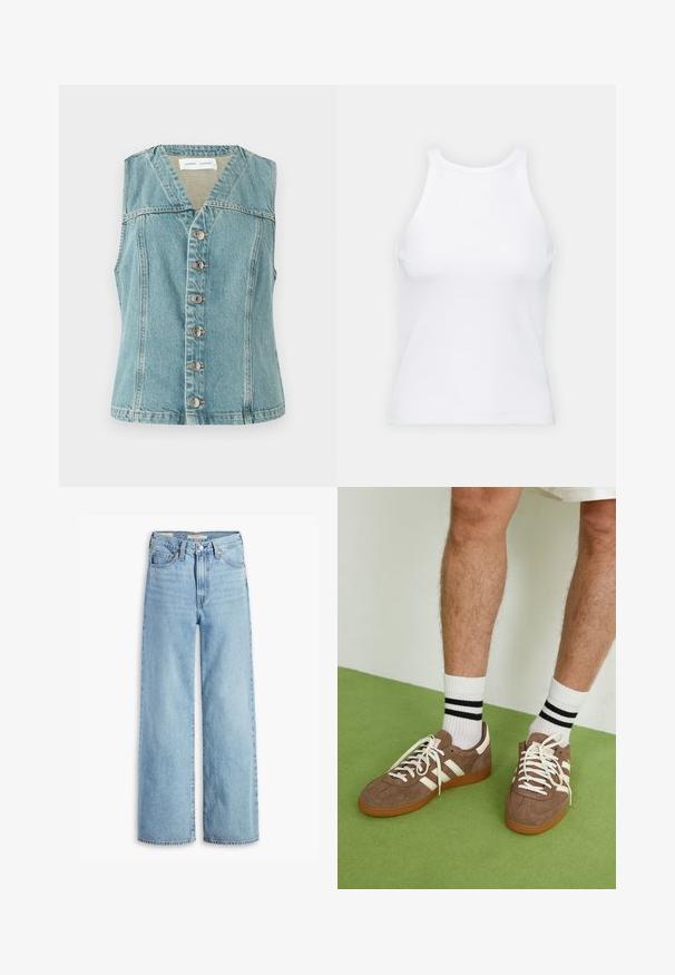 Světle modré džínsové sako s V-výstřihem, bez rukávů, předním zapínáním na knoflíky se stříbrnými akcenty a přiléhavým střihem.; Bílý bezrukávový top vyrobený z ribbed látky, s kulatým výstřihem a přiléhavým střihem, s minimem švů a bez ozdob.; Světle modré volné džíny s vysokým pasem, předním knoflíkem a zipem, poutky na opasek a designem s pěti kapsami.; Hnědé semišové tenisky s bílými akcenty a tkaničkami. Gumová podrážka. Nošeny s bílými ponožkami s černými pruhy. Zelená strukturovaná podlaha.