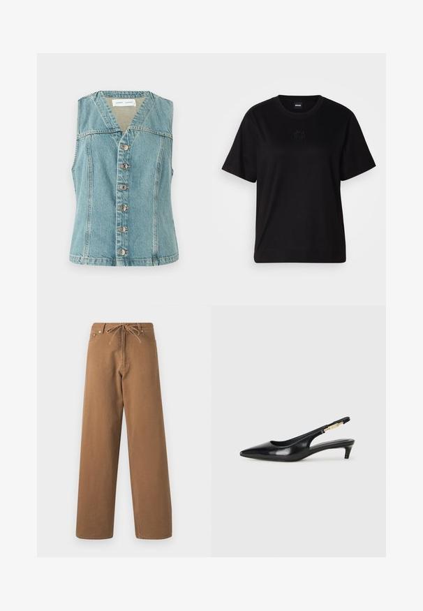 Světle modré džínsové sako s V-výstřihem, bez rukávů, předním zapínáním na knoflíky se stříbrnými akcenty a přiléhavým střihem.; Černé bavlněné tričko s kulatým výstřihem, krátkými rukávy a vyšitým logem na hrudi. Jednoduchý, volný střih bez vzorů.; Hnědé kalhoty s širokými nohavicemi vyrobené z bavlny, s elastickým pasem na šňůrku a dvěma předními kapsami. Texturovaná tkanina se hladkým povrchem.; Černé kožené boty na podpatku s otevřenou patou a špičatou špičkou, s tenkým podpatkem a zlatým akcentem na nastavitelném pásku. Hladký povrch.