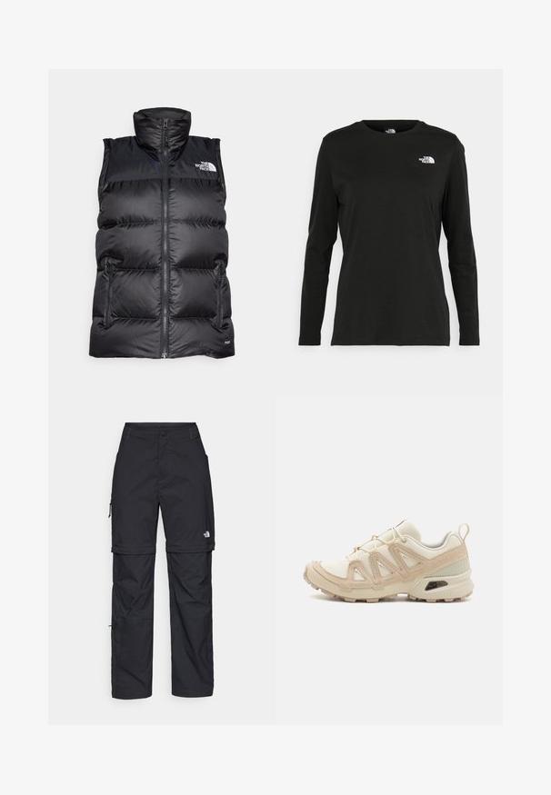 Czarna, pikowana, bezrękawnikowa kamizelka z wysokim kołnierzem, zamkiem błyskawicznym z przodu i dwiema bocznymi kieszeniami. Na górnej lewej stronie znajduje się logo.; Czarna koszulka z długim rękawem z bawełny z okrągłym dekoltem. Posiada niewielkie białe logo po lewej stronie na piersi. Prosty design i fason.; Czarne nylonowe spodnie cargo z odpinanymi nogawkami, regulowanymi mankietami, wieloma kieszeniami oraz logo na prawej nogawce. Gładka, lekka tekstura.; Beżowe i kremowe buty sportowe z teksturowanej siateczki, wspierającymi nakładkami oraz gumową podeszwą z wzorem bieżnika zapewniającym przyczepność.