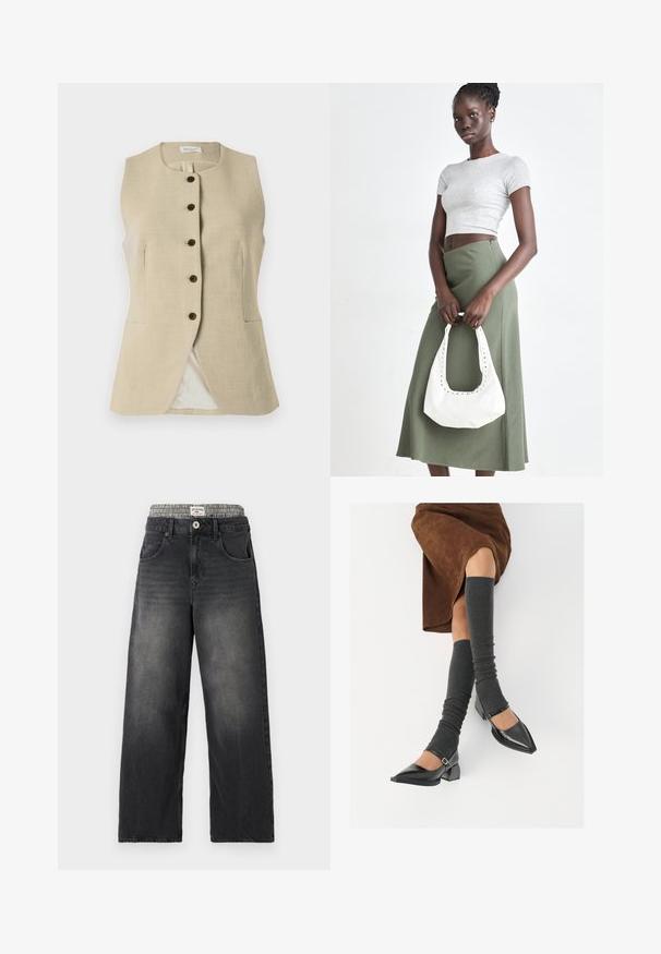 Beige linnen vest met een ronde hals, sluiting met knopen aan de voorkant en twee zijzakken; heeft een soepele textuur en een getailleerde pasvorm.; Lichtgrijze gebreide trui met lange mouwen, ronde hals en een centraal kabelpatroon aan de voorkant.; Zwarte denim wijde jeans met een houndstooth patroon op de tailleband. Kenmerken zijn onder andere voorzakken en een knoopsluiting. Beschadigd textuur.; Zwarte gepatineerde leren pumps met een puntige neus, een blokhak en een enkelbandje, gecombineerd met grijze geribde beenwarmers en een bruine suède rok.; Grijs geribbelde crop top en olijfgroene hoge taille rok. Model houdt een witte schoudertas met uitsparingen vast. Eenvoudig ontwerp, aansluitende silhouet.