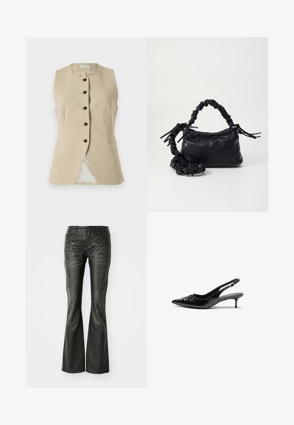 Beige linnen vest met een ronde hals, sluiting met knopen aan de voorkant en twee zijzakken; heeft een soepele textuur en een getailleerde pasvorm.; Blauwe en rode geruite blouse met lange mouwen, een smock-borsten en een gerimpelde onderrand en manchetten, gepresenteerd op een witte achtergrond.; Zwarte nepleer flared jeans met voorzakken, een metalen knoopsluiting en een licht gestructureerd oppervlak. Rechte pijpen met een lange snit.; Zwarte leren slingback hakken met een spitse neus, kleine kittenhak en een decoratieve knoopdetail aan de voorkant. Smooth textuur overal.; Zwarte nepleer handtas met een krokodillenstructuur, opgedroogde bovenkant en een gekreukte hengsel. Het lijkt zacht en compact van ontwerp.