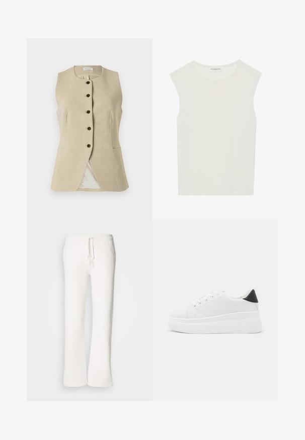 Beige linervest med rund hals, frontlukking med knapper og to sidelommer; har en glatt tekstur og skreddersydd passform.; Hvit ermeløs topp med rund hals. Laget av glatt stoff, har den en avslappet passform og minimalistisk design. Ingen mønstre eller detaljer.; Hvite, avslappede joggebukser laget av myk stoff, med elastisk liv med snor og rett ben-design.; Hvite plattform sneakers laget av glatt syntetisk materiale, med rund tå, snøring og en strukturert gummisåle. Svart hæl akcent.