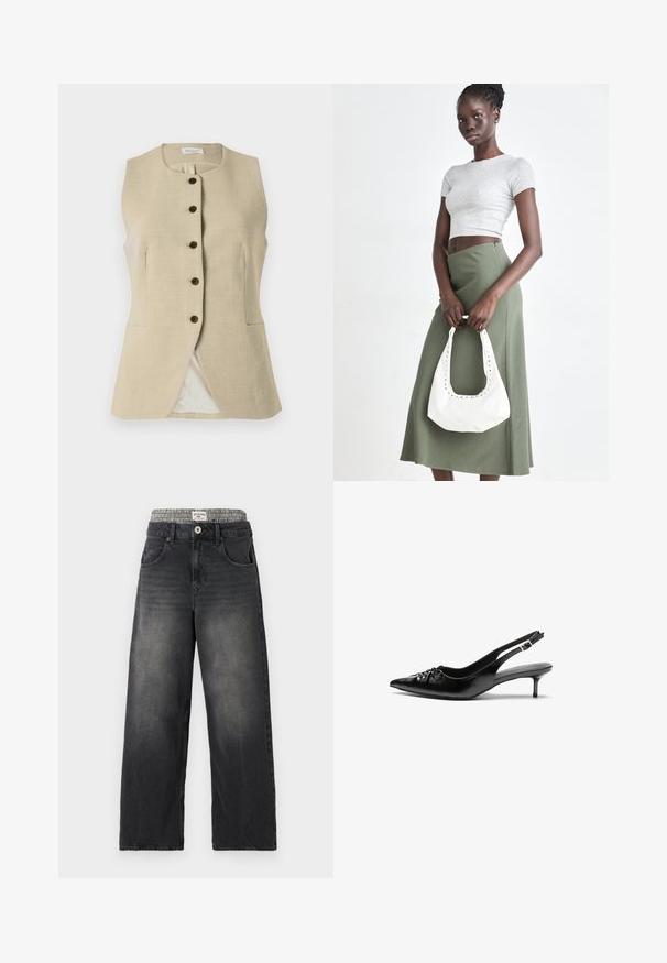 Gilet in lino beige con scollatura tonda, chiusura frontale con bottoni e due tasche laterali; presenta una texture liscia e una vestibilità su misura.; Crop top in maglia color avorio. Maniche lunghe con texture a coste e piccoli dettagli con tagli intorno al colletto.; Jeans neri in denim a gamba larga con una cintura a motivo houndstooth. Presentano tasche frontali e chiusura con bottone. Texture usurata.; Tacchi slingback in pelle nera con punta affusolata, piccolo tacco kitten e un dettaglio a nodo decorativo sulla parte anteriore. Texture liscia su tutta la superficie.; Top crop a coste grigio e gonna a vita alta verde oliva. Il modello tiene una borsa a spalla bianca con dettagli intagliati. Design semplice, silhouette aderente.
