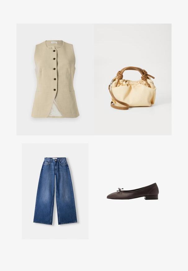 Gilet in lino beige con scollatura tonda, chiusura frontale con bottoni e due tasche laterali; presenta una texture liscia e una vestibilità su misura.; T-shirt corto a maniche corte color marrone chiaro con scollo rotondo, caratterizzato da una vestibilità rilassata e una texture morbida.; Bershka WIDE-LEG - Wide Leg - dark blue; Ballerina in pelle marrone con punta arrotondata e tacco a blocco piccolo. Presenta un sottile fiocco sul davanti e dettagli di cucitura discreti.; Borsa a mano piccola di tessuto crema con manici in pelle marrone e tracolla removibile. Design arricciato con dettagli di cucitura visibili.
