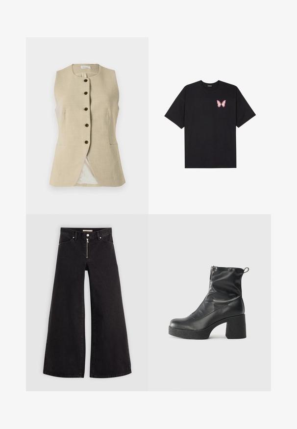 Beige Leinenweste mit rundem Ausschnitt, vorderem Knopfverschluss und zwei Seitentaschen; verfügt über eine glatte Textur und eine taillierte Passform.; Schwarzes Baumwoll-T-Shirt mit kurzen Ärmeln, das ein kleines pinkes Schmetterlingsmotiv auf der linken Brust zeigt. Crewneck-Design mit einem entspannten Schnitt.; Schwarze Denim-Jeans mit weitem Bein, Reißverschluss vorne, Fünf-Taschen-Design und dezenten Stickdetails. Glatte Textur und lässiger Stil.; Schwarze Stiefeletten aus glattem Leder mit seitlichem Reißverschluss, klobigem strukturiertem Absatz und runder Zehenform.